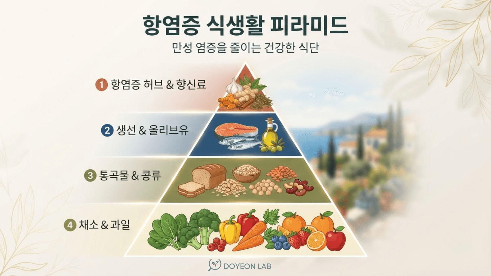 항염증 식단 피라미드 채소 과일 생선 올리브유 통곡물