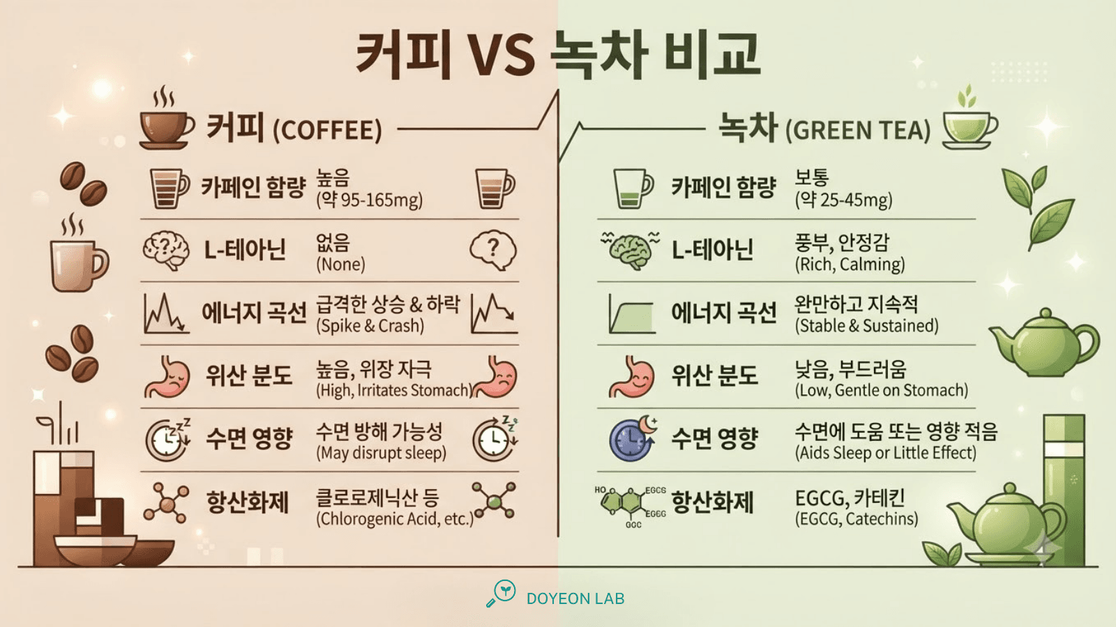 커피 vs 녹차 종합 비교 인포그래
