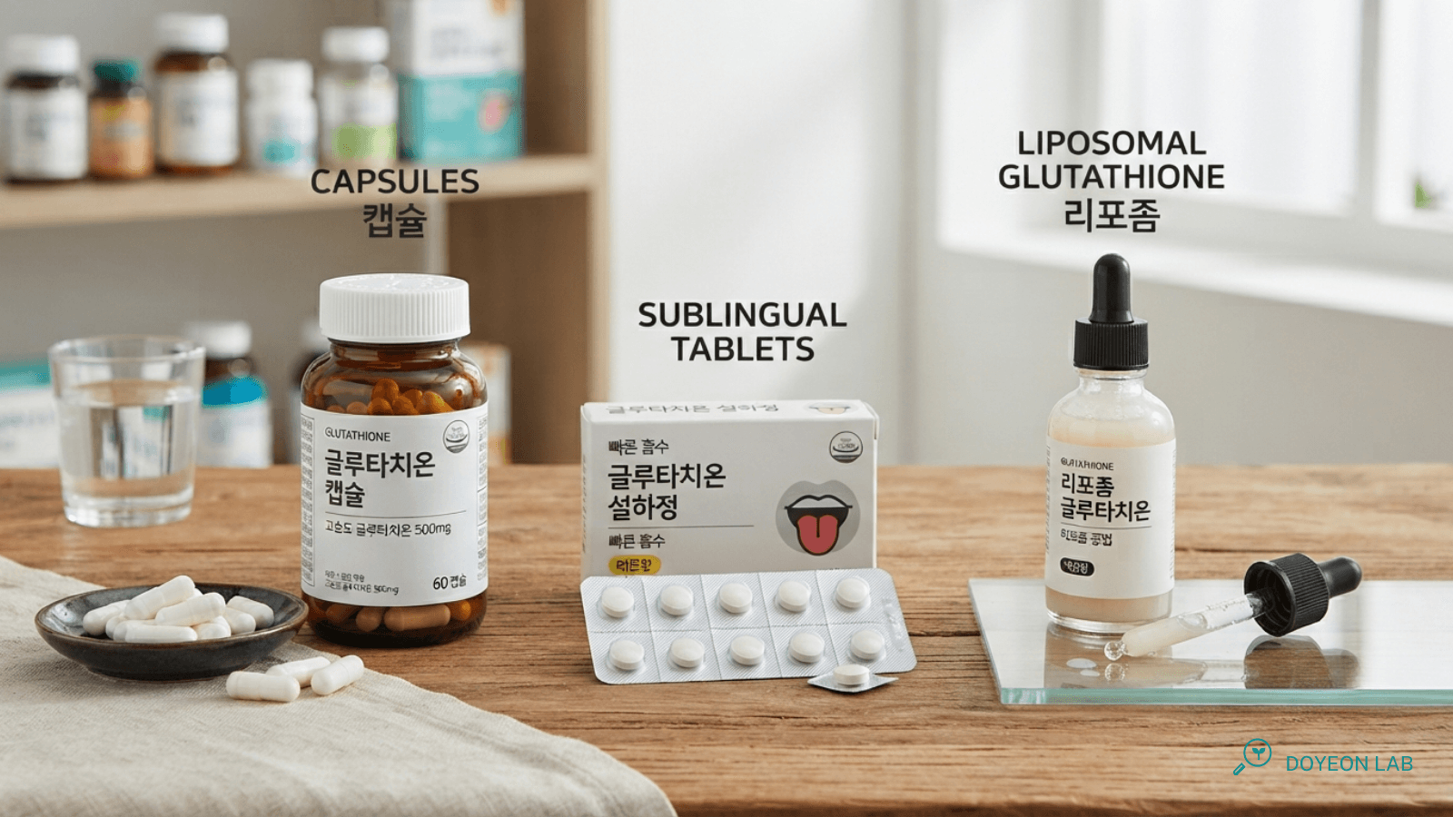 글루타치온 영양제 캡슐 설하 정제 리포좀 다양한 형태 비교 사진