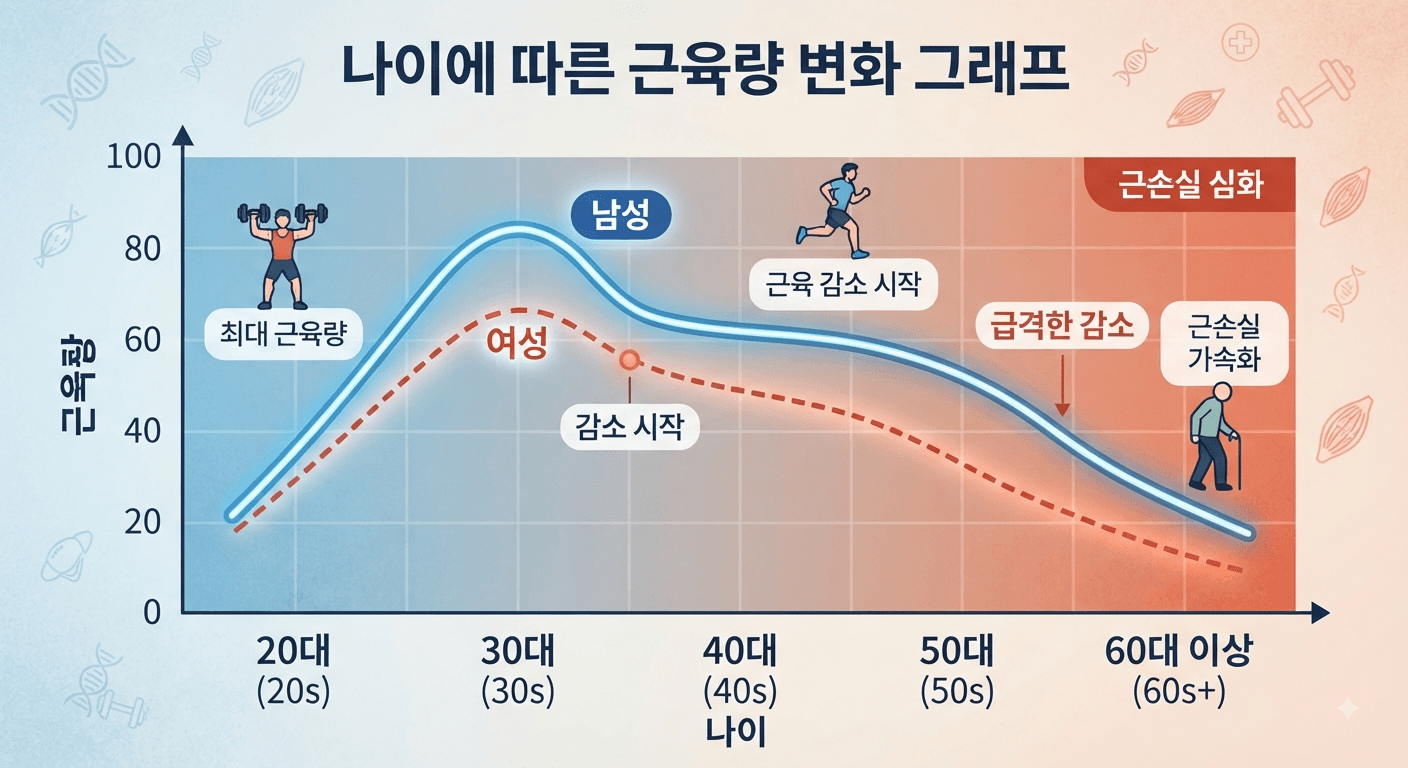 나이에 따른 근육량 변화 그래프 컨셉 이미지