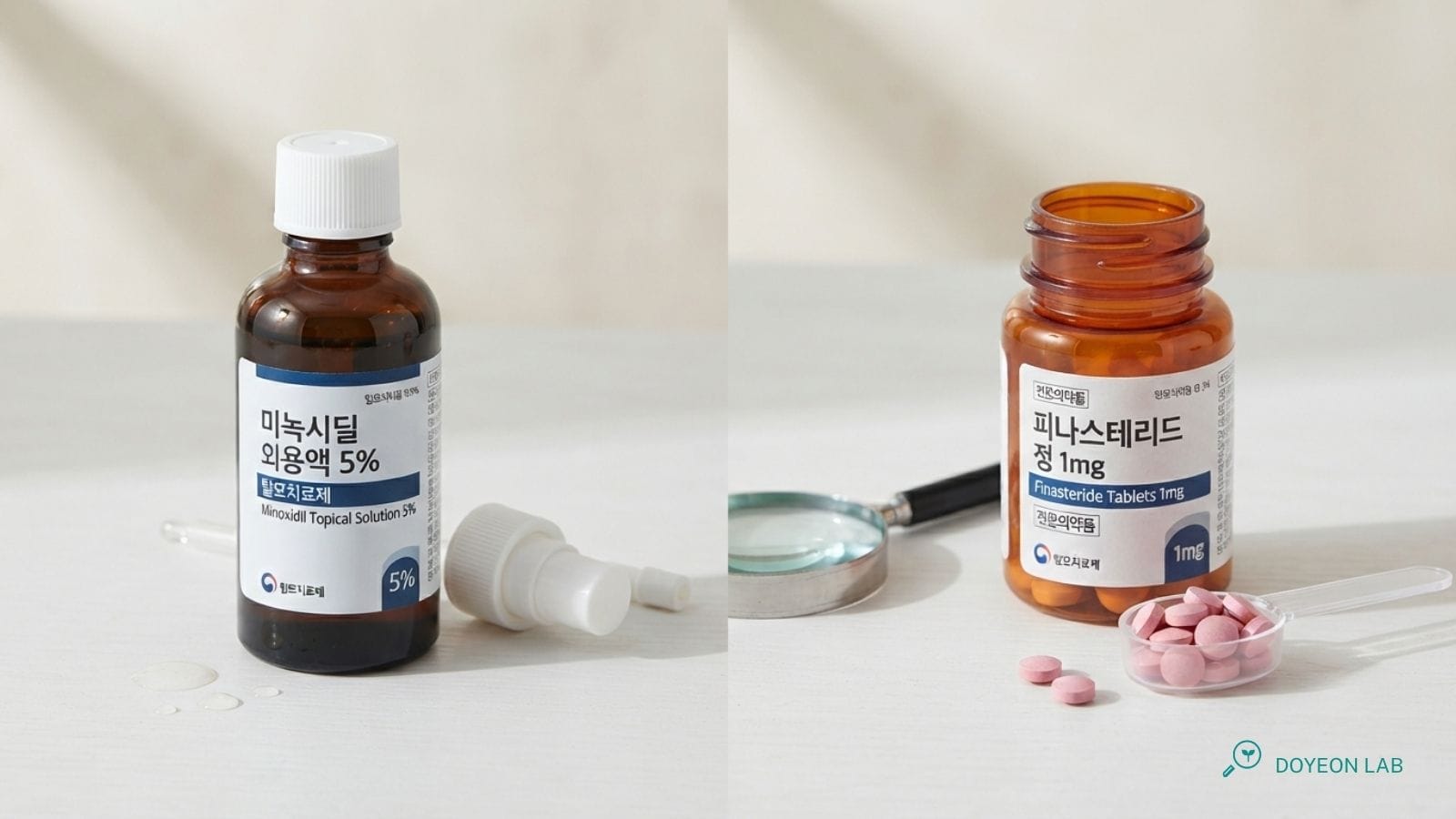 미녹시딜 외용액과 피나스테리드 알약을 비교하는 개념 이미지