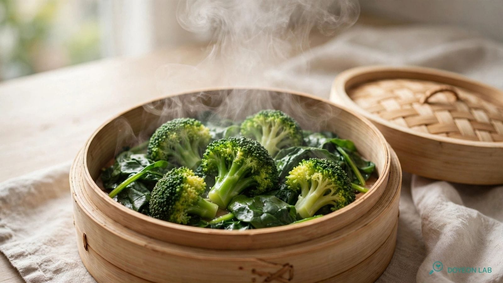 찜으로 조리한 채소 개념 이미지: 대나무 찜기에 담긴 브로콜리·시금치