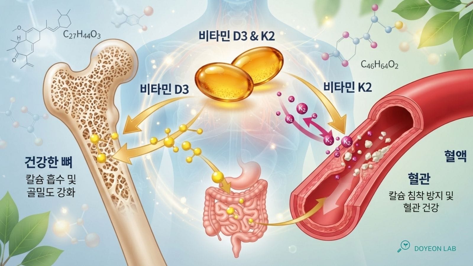 비타민D3와 K2 캡슐, 뼈와 혈관 개념 일러스트